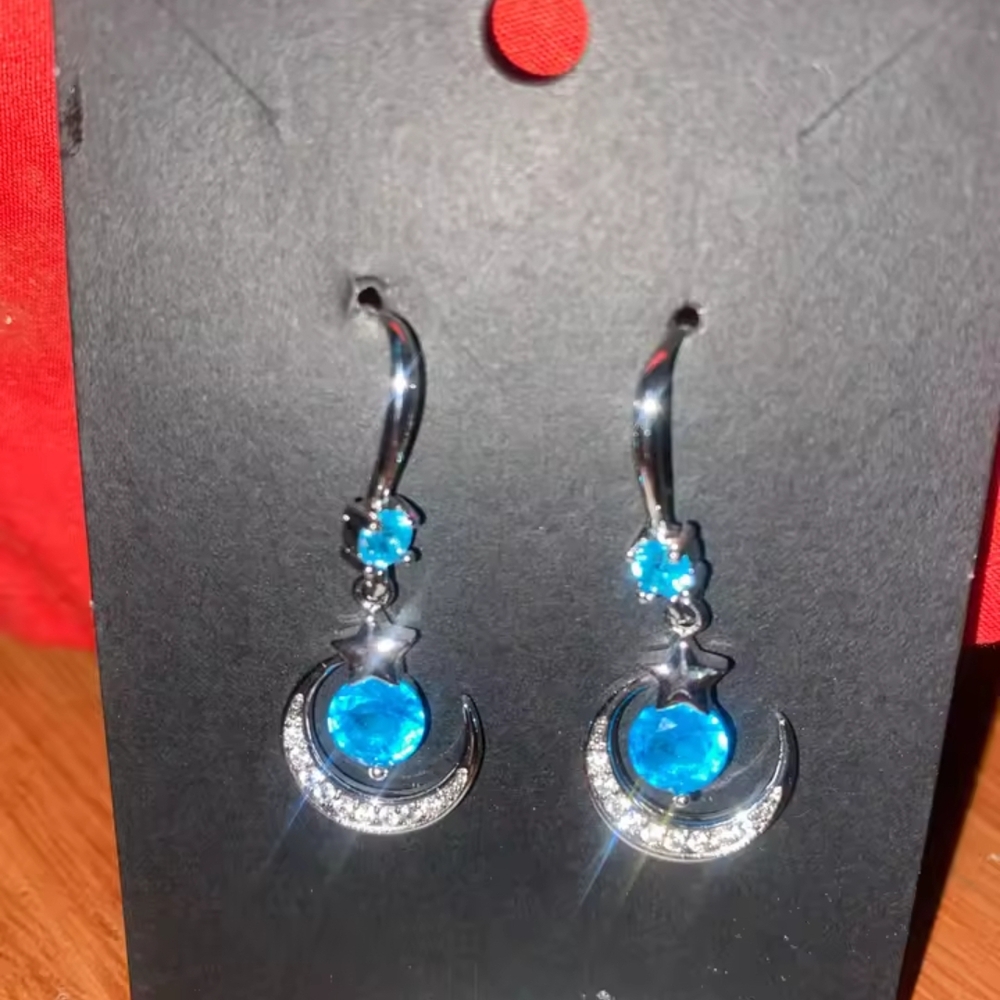 Star and Crescent Moon Earrings with Blue Gemstones